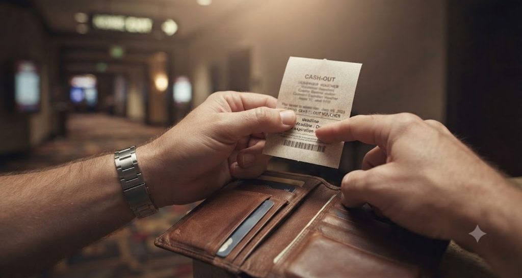 Visitor checking the redemption deadline on a slot ticket above an open wallet