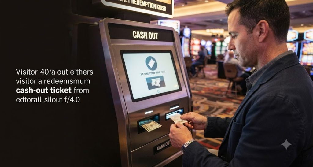 Over-the-shoulder view of a visitor holding a slot voucher near a casino redemption kiosk