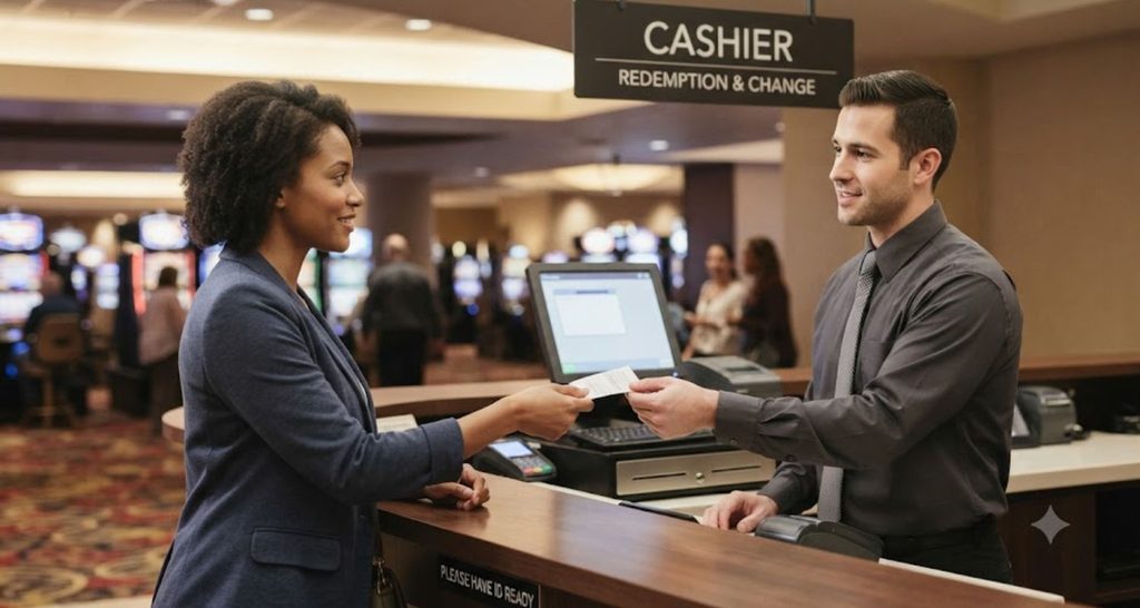 Casino visitor handing a slot machine voucher to a cashier