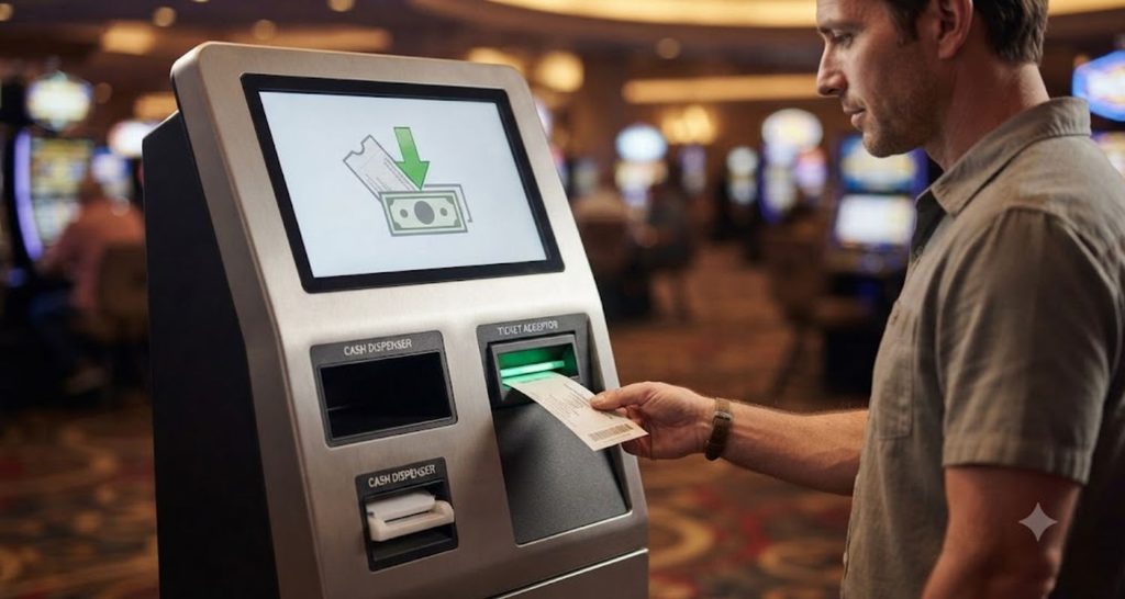 Visitor feeding a slot ticket into a kiosk with separate cash and receipt outlets