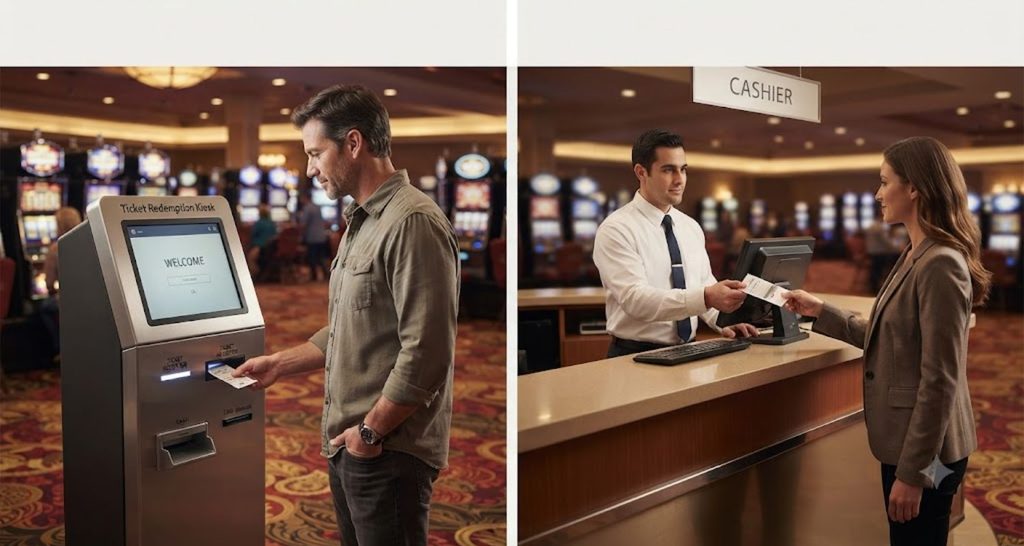 Side-by-side views of slot ticket redemption at a self-service kiosk and cashier counter