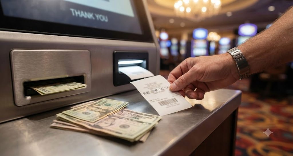 Visitor collecting a remaining-balance voucher beside cash from a casino kiosk