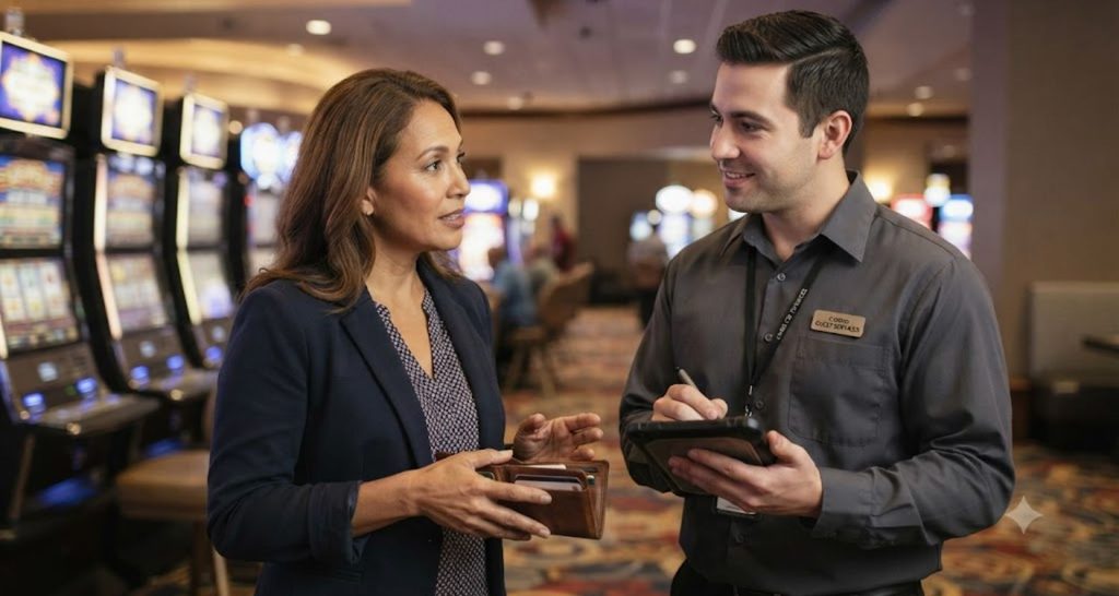 Visitor with an open wallet reporting a missing slot ticket to casino staff