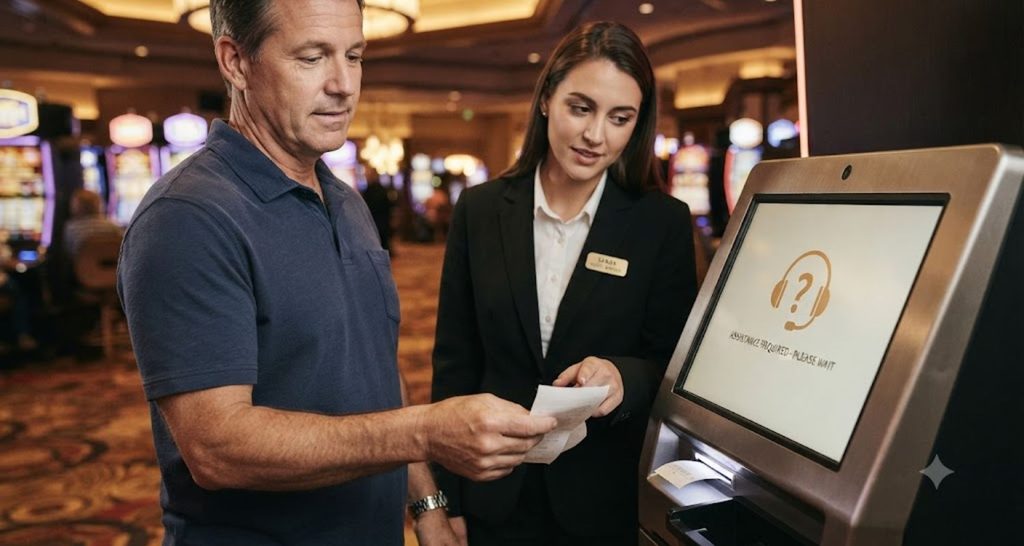 Casino employee helping a visitor with a rejected slot ticket at a redemption kiosk