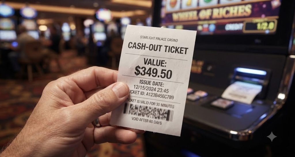 Close-up of a hand holding a printed slot machine cash-out voucher